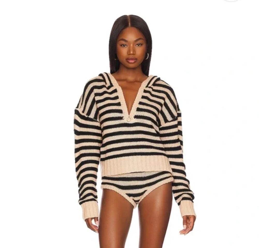 For Love & Lemons Elyse Cream Black Striped Knit Half Zip Hoodie Size M